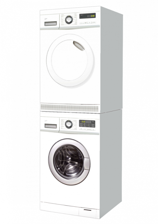 Zwei 3D-Module aus Pappe; eines mit einem fotorealistischen Druck einer Waschmaschine und eines mit einem fotorealistischen Druck eines Wäschetrockners - Cubiqz