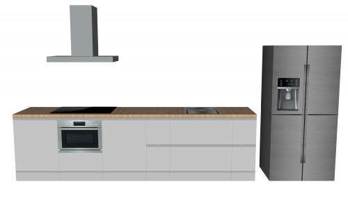 CUBIQZ EINZEILIGE KÜCHE 420 X 60 CM MIT AMERIKANISCHER KÜHLSCHRANK, grau mit Holzarbeitsplatte
