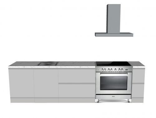 EINZEILIGE KÜCHE GRAU 330 X 60 CM | Pappküche | beidseitig nutzbare Fronten | abnehmbare Arbeitsplatte | Home Staging mit freistehender Herd