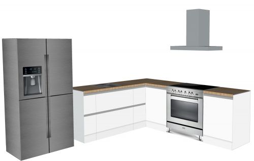CUBIQZ L-FÖRMIGE KÜCHE 300 X 270 CM MIT AMERIKANISCHER KÜHLSCHRANK +FREISTEHENDER HERD, weiss mit Holz Arbeitsplatte
