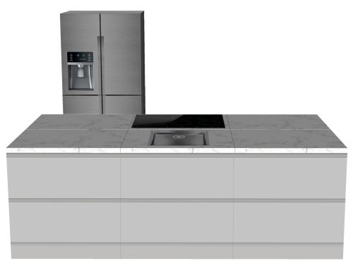 CUBIQZ INSEL KÜCHE WEISS-GRAU 270 X 120 CM | Pappküche | beidseitig nutzbare Fronten | abnehmbare Arbeitsplatte