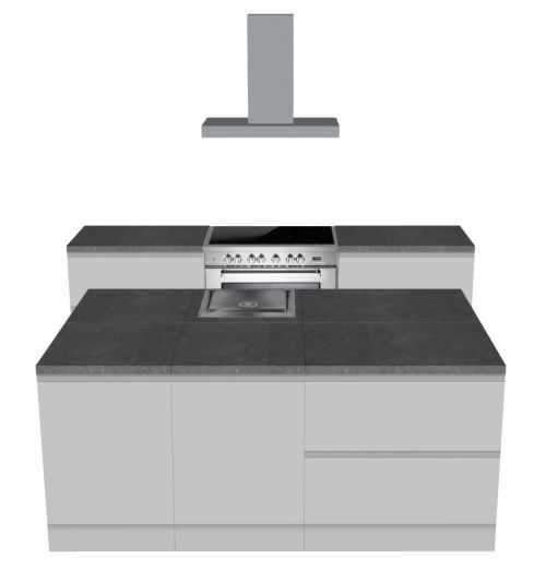 CUBIQZ INSEL KÜCHE WEISS-GRAU 210 X 120 CM | Pappküche | beidseitig nutzbare Fronten | abnehmbare Arbeitsplatte