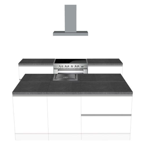 CUBIQZ INSEL KÜCHE WEISS-GRAU 210 X 120 CM | Pappküche | beidseitig nutzbare Fronten | abnehmbare Arbeitsplatte