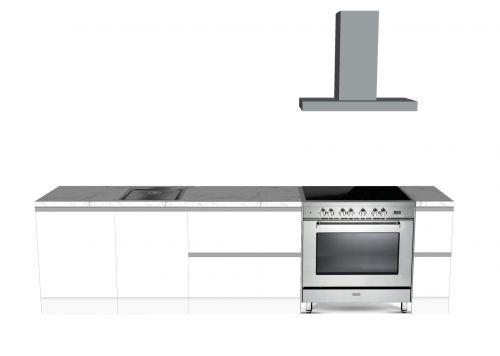 EINZEILIGE KÜCHE WEISS 330 X 60 CM | Pappküche | beidseitig nutzbare Fronten | abnehmbare Arbeitsplatte | Home Staging mit freistehender Herd