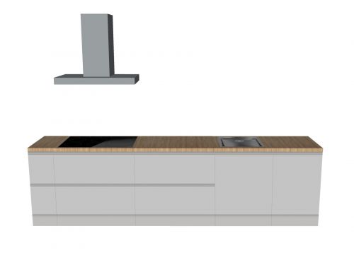 CUBIQZ EINZEILIGE KÜCHE GRAU 330 X 60 CM | Pappküche | beidseitig nutzbare Fronten | abnehmbare Arbeitsplatte | Immobilienpräsentation