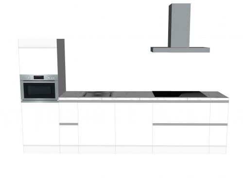 CUBIQZ EINZEILIGE KÜCHE WEISS 330 X 60 CM | Pappküche | beidseitig nutzbare Fronten | abnehmbare Arbeitsplatte | HomeStaging