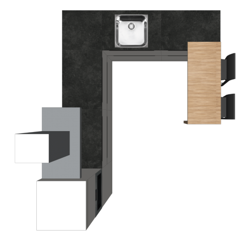 L-FÖRMIGE KÜCHE 300 X 240 CM | Pappküche BASE – mit Griff & schwarzer Natursteinoptik-Arbeitsplatte