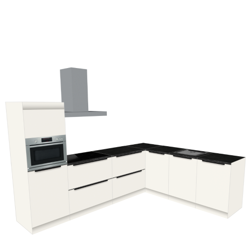 L-FÖRMIGE KÜCHE 300 X 240 CM | Pappküche BASE – mit Griff & schwarzer Natursteinoptik-Arbeitsplatte