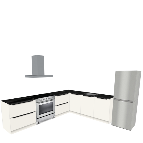 L-FÖRMIGE KÜCHE 300 X 240 CM | Pappküche BASE – mit Griff & schwarzer Natursteinoptik-Arbeitsplatte