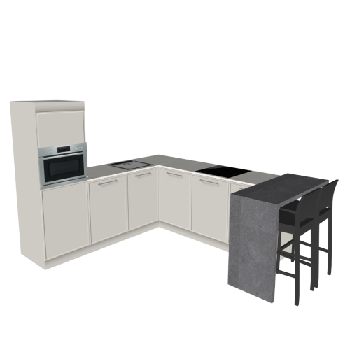 L-FÖRMIGE KÜCHE 240 X 420 CM | Pappküche PURE – Taupe & Elfenbeinfarbener Natursteinoptik-Arbeitsplatte | Home Staging