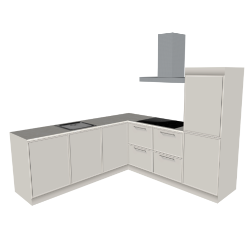 L-FÖRMIGE KÜCHE 240 x 240 CM | Pappküche PURE – Taupe & Elfenbeinfarbener Natursteinoptik-Arbeitsplatte | Home Staging