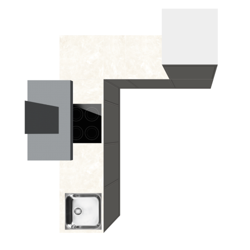 Moderne Cubiqz Kartonküche mit taupe-greigen Küchenfronten und Arbeitsplatte in Elfenbein-Natursteinoptik
