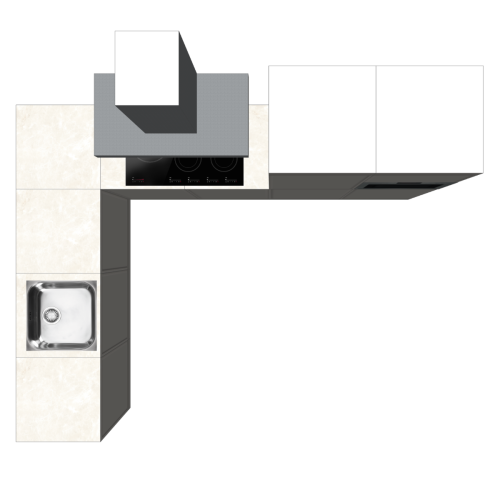 L-FÖRMIGE KÜCHE 300 X 420 CM | Pappküche PURE – Taupe & Elfenbeinfarbener Natursteinoptik-Arbeitsplatte | Home Staging