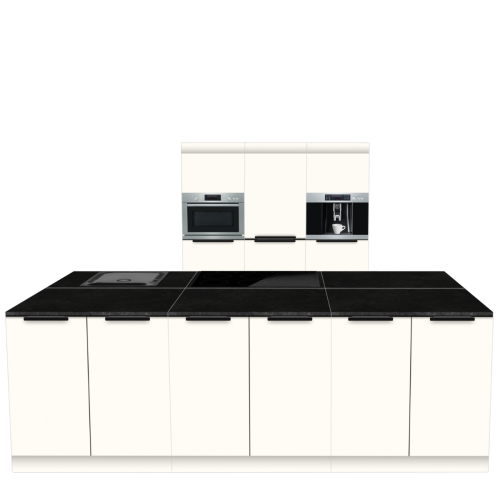 INSEL KÜCHE 270 X 280 CM | Pappküche BASE – mit Griff & schwarzer Natursteinoptik-Arbeitsplatte