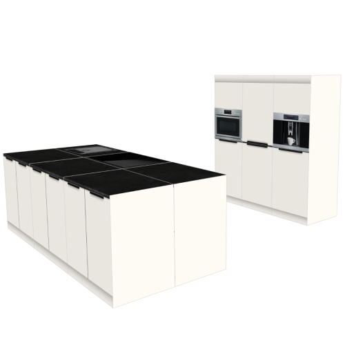 INSEL KÜCHE 270 X 280 CM | Pappküche BASE – mit Griff & schwarzer Natursteinoptik-Arbeitsplatte