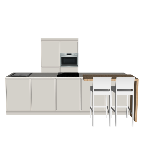 INSELKÜCHE 300 X 220 CM | Pappküche PURE – Taupe & Elfenbeinfarbener Natursteinoptik-Arbeitsplatte | Home Staging