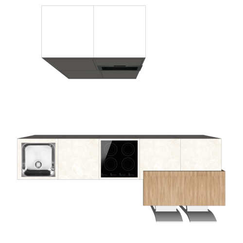 INSELKÜCHE 300 X 220 CM | Pappküche PURE – Taupe & Elfenbeinfarbener Natursteinoptik-Arbeitsplatte | Home Staging