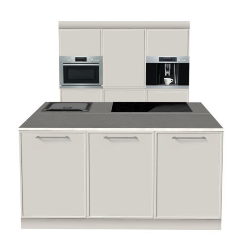 INSELKÜCHE 180 X 280 CM | Pappküche PURE – Taupe & Elfenbeinfarbener Natursteinoptik-Arbeitsplatte | Home Staging