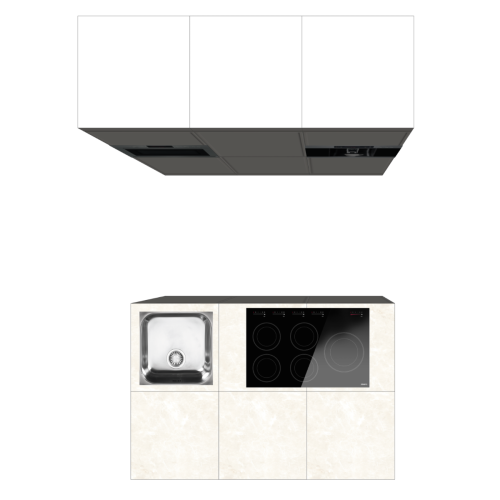 INSELKÜCHE 180 X 280 CM | Pappküche PURE – Taupe & Elfenbeinfarbener Natursteinoptik-Arbeitsplatte | Home Staging