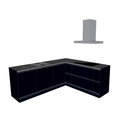 L-FÖRMIGE KÜCHE SCHWARZ-HOLZ 240 X 210 CM | Pappküche | beidseitig nutzbare Fronten | abnehmbare Arbeitsplatte | Immobilienpräsentation