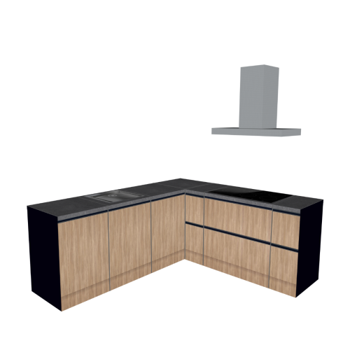 L-FÖRMIGE KÜCHE SCHWARZ-HOLZ 240 X 210 CM | Pappküche | beidseitig nutzbare Fronten | abnehmbare Arbeitsplatte | Immobilienpräsentation