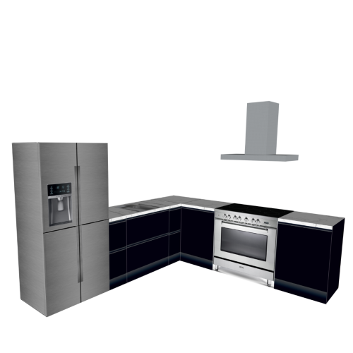 CUBIQZ L-FÖRMIGE KÜCHE 300 X 270 CM MIT AMERIKANISCHER KÜHLSCHRANK +FREISTEHENDER HERD