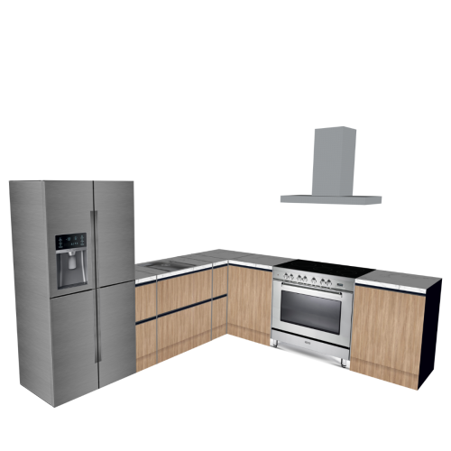 CUBIQZ L-FÖRMIGE KÜCHE 300 X 270 CM MIT AMERIKANISCHER KÜHLSCHRANK +FREISTEHENDER HERD