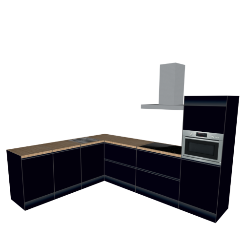 L-FÖRMIGE KÜCHE SCHWARZ-HOLZ 300 X 240 CM | Pappküche | beidseitig nutzbare Fronten | abnehmbare Arbeitsplatte | Home Staging