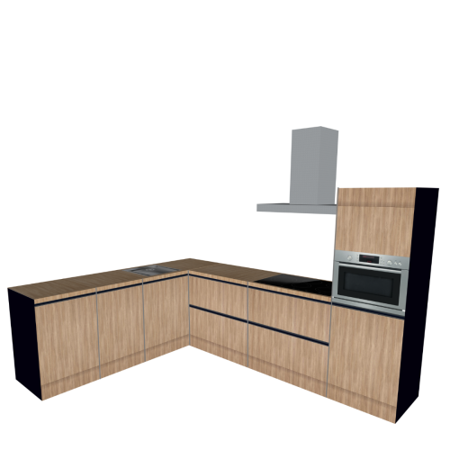 L-FÖRMIGE KÜCHE SCHWARZ-HOLZ 300 X 240 CM | Pappküche | beidseitig nutzbare Fronten | abnehmbare Arbeitsplatte | Home Staging