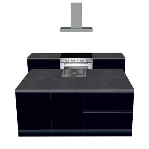CUBIQZ INSEL KÜCHE SCHWARZ 210 X 120 CM | Pappküche | beidseitig nutzbare Fronten | abnehmbare Arbeitsplatte