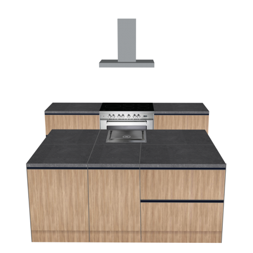 CUBIQZ INSEL KÜCHE WOOD 210 X 120 CM | Pappküche | beidseitig nutzbare Fronten | abnehmbare Arbeitsplatte
