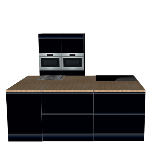 CUBIQZ INSEL KÜCHE SCHWARZ-HOLZ 240 X 120 CM | Pappküche | beidseitig nutzbare Fronten | abnehmbare Arbeitsplatte