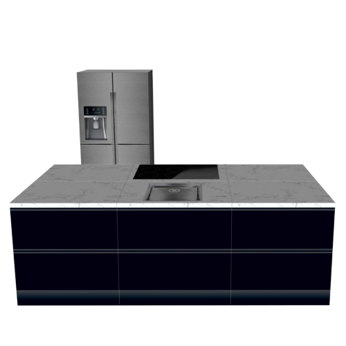 CUBIQZ INSEL KÜCHE SCHWARZ-HOLZ 270 X 120 CM | Pappküche | beidseitig nutzbare Fronten | abnehmbare Arbeitsplatte