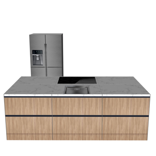 CUBIQZ INSEL KÜCHE SCHWARZ-HOLZ 270 X 120 CM | Pappküche | beidseitig nutzbare Fronten | abnehmbare Arbeitsplatte