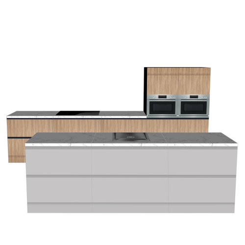 INSEL KÜCHE GRAU-HOLZ 300 X 60 CM | Pappküche | beidseitig nutzbare Fronten | abnehmbare Arbeitsplatte