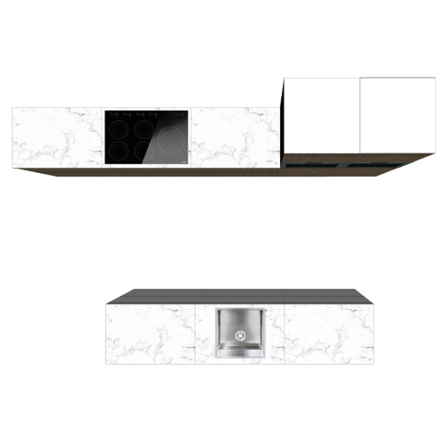 INSEL KÜCHE GRAU-HOLZ 300 X 60 CM | Pappküche | beidseitig nutzbare Fronten | abnehmbare Arbeitsplatte