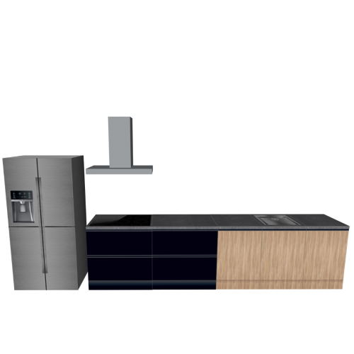 CUBIQZ EINZEILIGE KÜCHE SCHWARZ-HOLZ 450 X 60 CM | Pappküche | beidseitig nutzbare Fronten | abnehmbare Arbeitsplatte