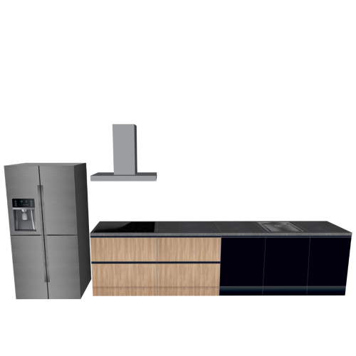 CUBIQZ EINZEILIGE KÜCHE SCHWARZ-HOLZ 450 X 60 CM | Pappküche | beidseitig nutzbare Fronten | abnehmbare Arbeitsplatte