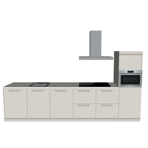 EINZEILIGE KÜCHE 360 X 60 CM | Pappküche PURE – Taupe & Elfenbeinfarbener Natursteinoptik-Arbeitsplatte | Home Staging